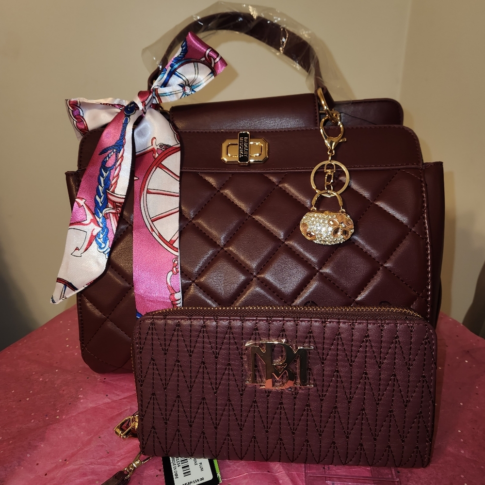 Badgley Mischka Plum Set Quilted Tote with Pink Scarf and Matching Wallet